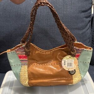 The Sak Brown Leather Shoulder Bag with Mint & Multi Patchwork